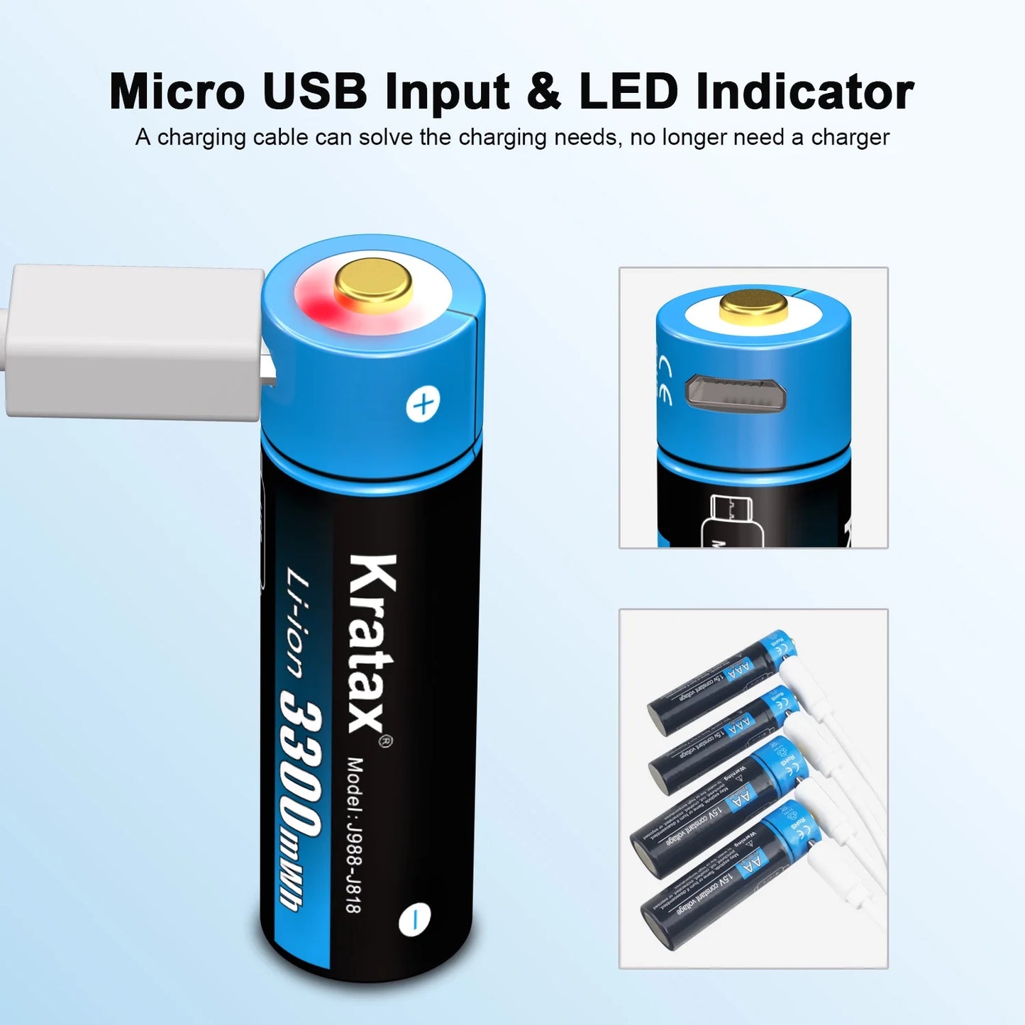 USB Rechargeable AA Batteries, 4Pcs 1.5V 3300Mwh Lithium Batteries AA, 2H Fast Full Charged, 1500 Cycles, 4-In-1 USB to Micro USB Charging Cable
