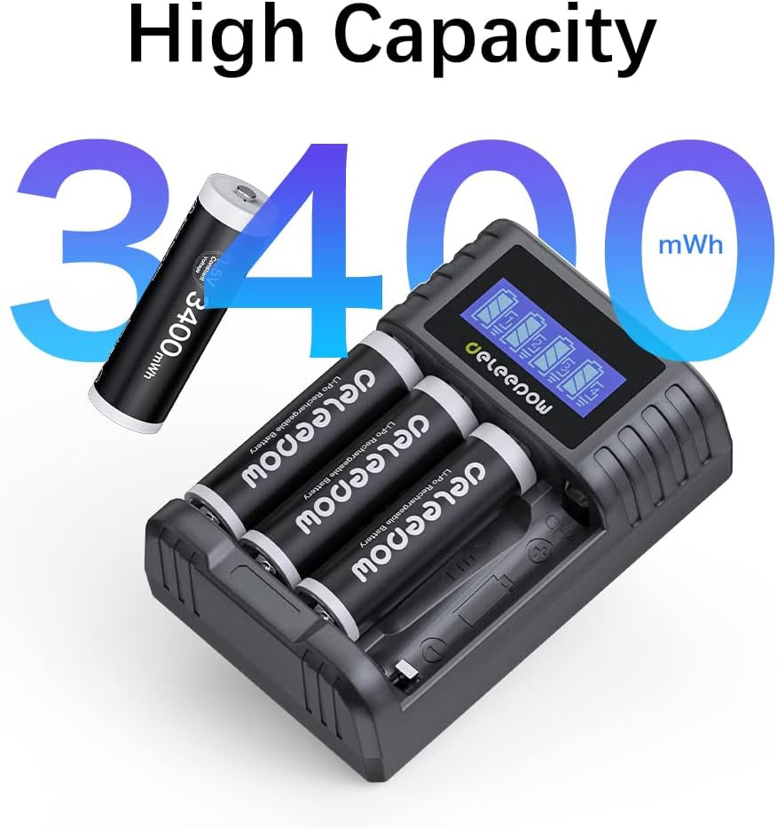 AA Rechargeable Batteries Lithium, 3400Mwh 1.5V with 2 Hours Fast USB LCD Charger, for Household, Cordless Phones, Remote Controls, Electronics (4 Pack)