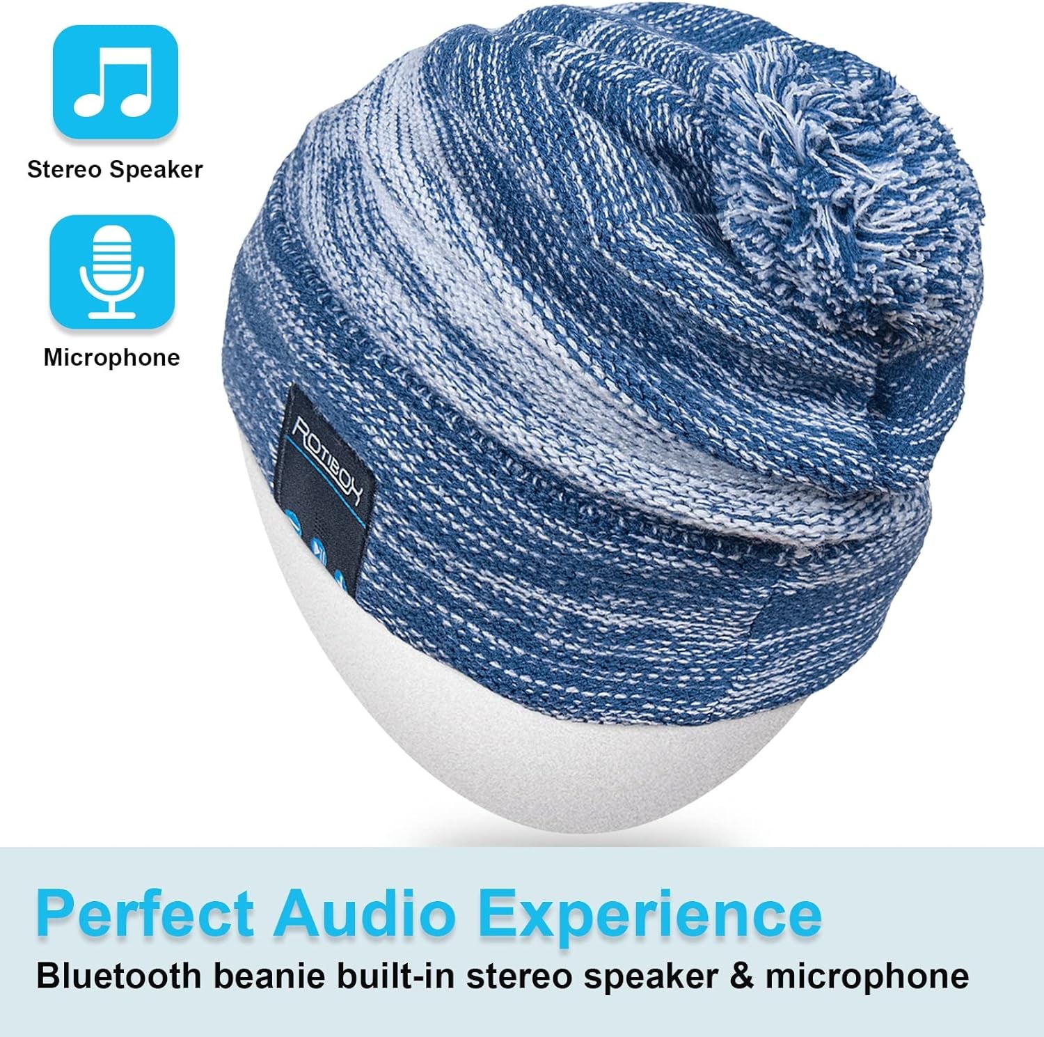 Washable Winter Bluetooth Beanie Hat Pom Pom Knit Music Cap with Removal Speakers & Mic Hands Free Wireless Headphones Headsets Earphone for Skiing Skating Hiking Running, Blue