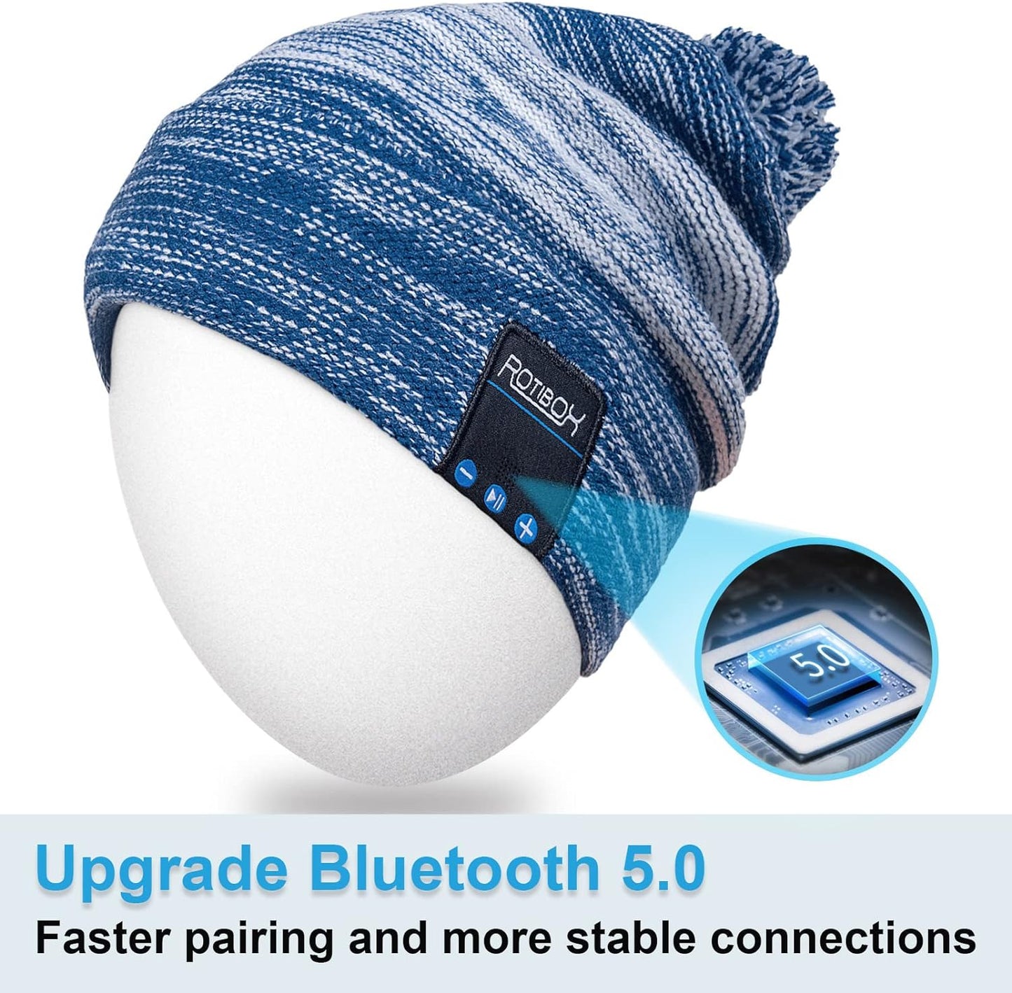 Washable Winter Bluetooth Beanie Hat Pom Pom Knit Music Cap with Removal Speakers & Mic Hands Free Wireless Headphones Headsets Earphone for Skiing Skating Hiking Running, Blue