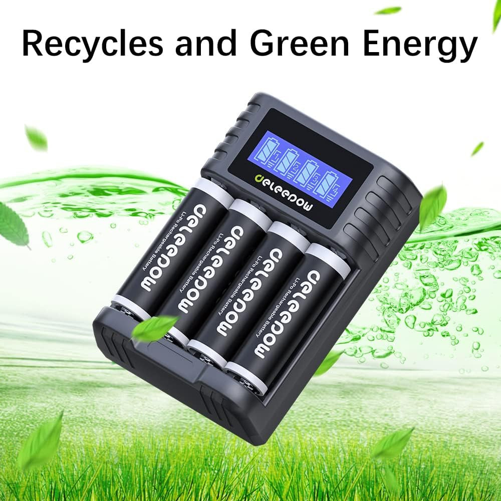 AA Rechargeable Batteries Lithium, 3400Mwh 1.5V with 2 Hours Fast USB LCD Charger, for Household, Cordless Phones, Remote Controls, Electronics (4 Pack)