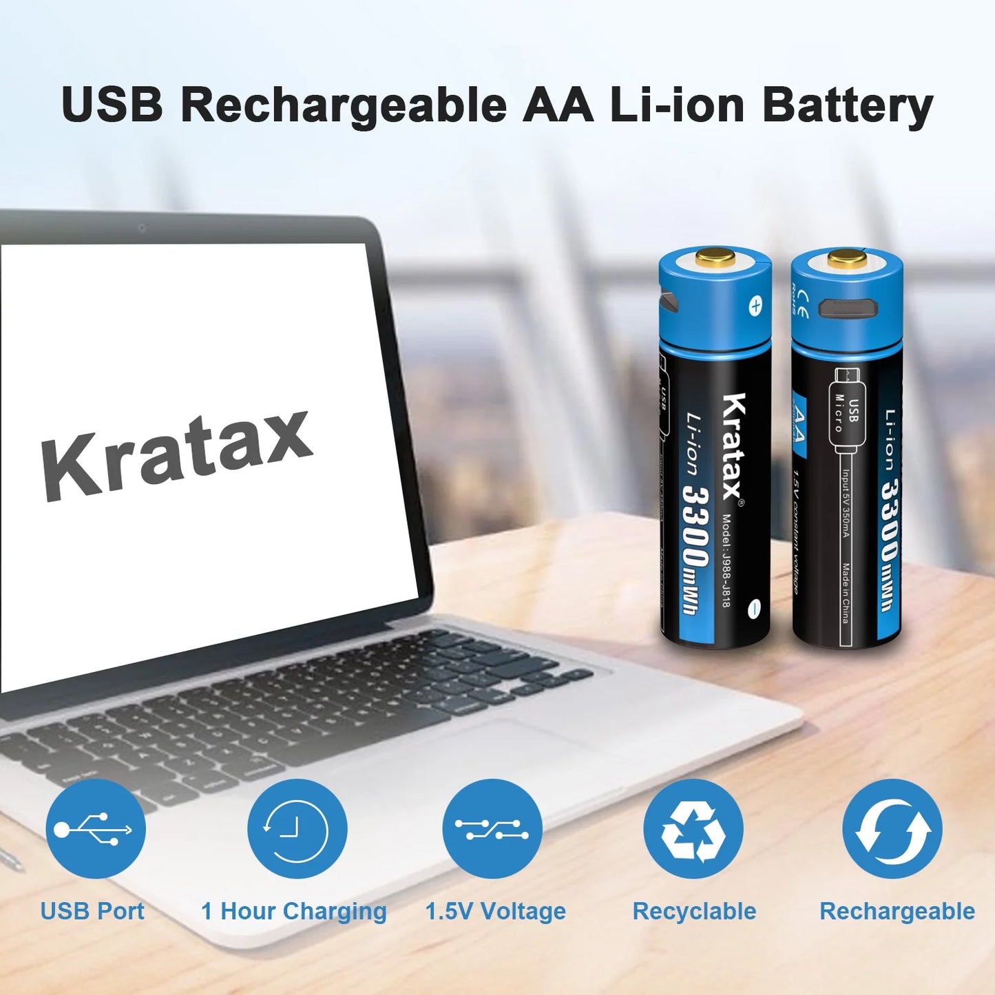 USB Rechargeable AA Batteries, 4Pcs 1.5V 3300Mwh Lithium Batteries AA, 2H Fast Full Charged, 1500 Cycles, 4-In-1 USB to Micro USB Charging Cable