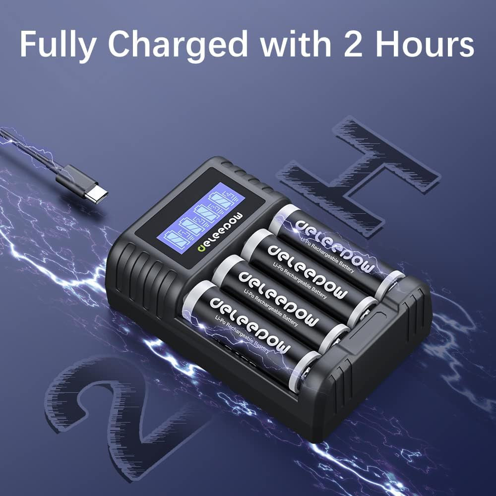 AA Rechargeable Batteries Lithium, 3400Mwh 1.5V with 2 Hours Fast USB LCD Charger, for Household, Cordless Phones, Remote Controls, Electronics (4 Pack)