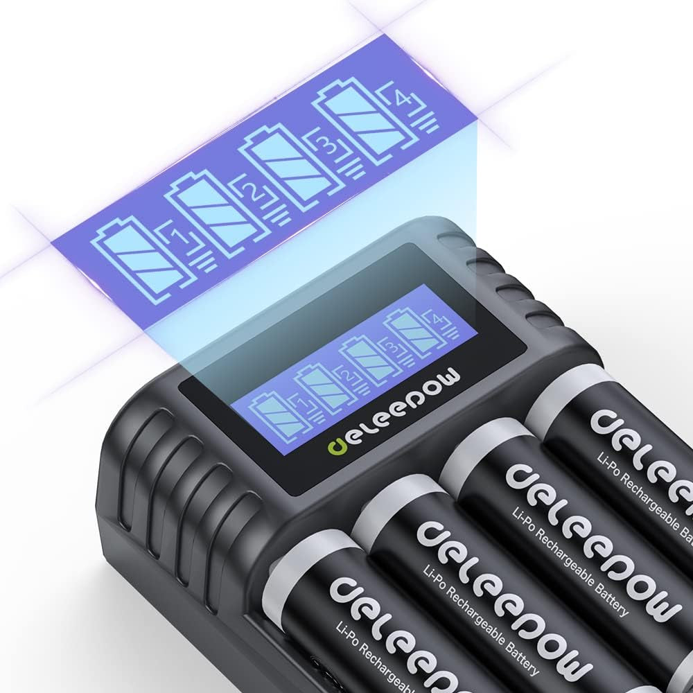 AA Rechargeable Batteries Lithium, 3400Mwh 1.5V with 2 Hours Fast USB LCD Charger, for Household, Cordless Phones, Remote Controls, Electronics (4 Pack)