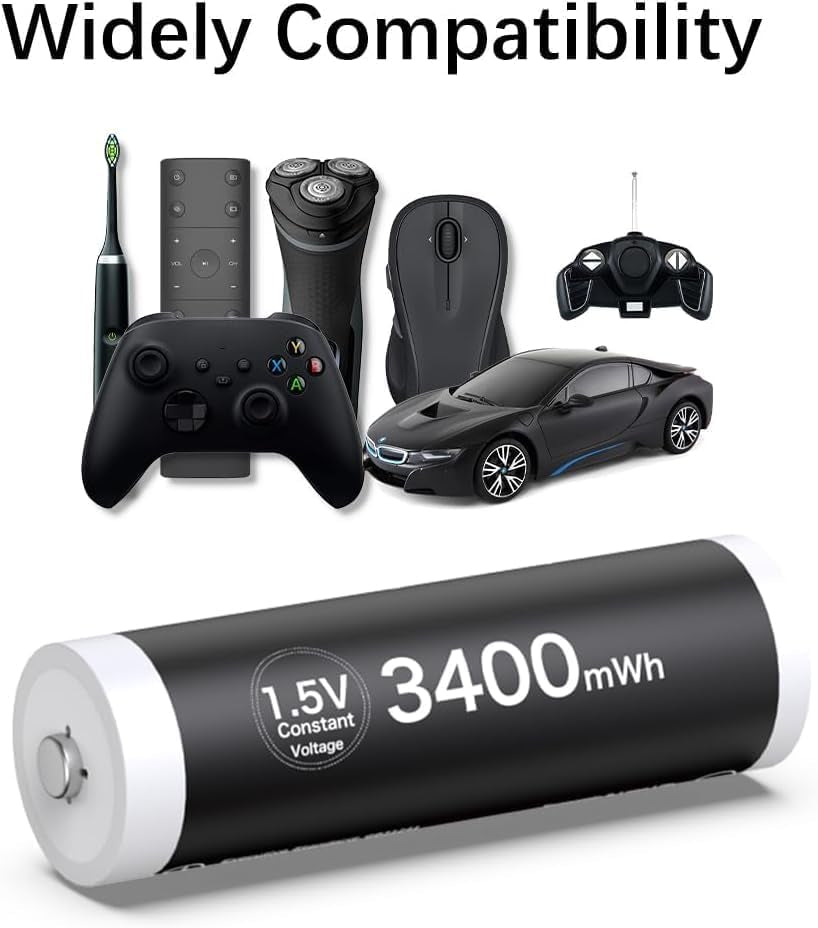 AA Rechargeable Batteries Lithium, 3400Mwh 1.5V with 2 Hours Fast USB LCD Charger, for Household, Cordless Phones, Remote Controls, Electronics (4 Pack)