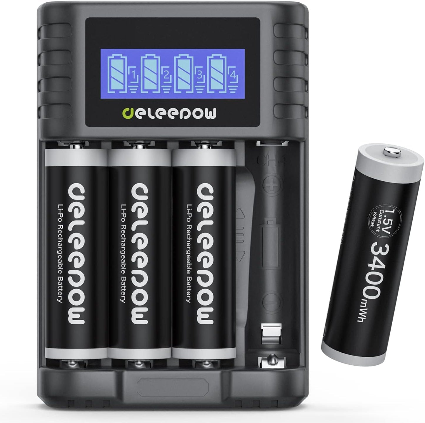 AA Rechargeable Batteries Lithium, 3400Mwh 1.5V with 2 Hours Fast USB LCD Charger, for Household, Cordless Phones, Remote Controls, Electronics (4 Pack)