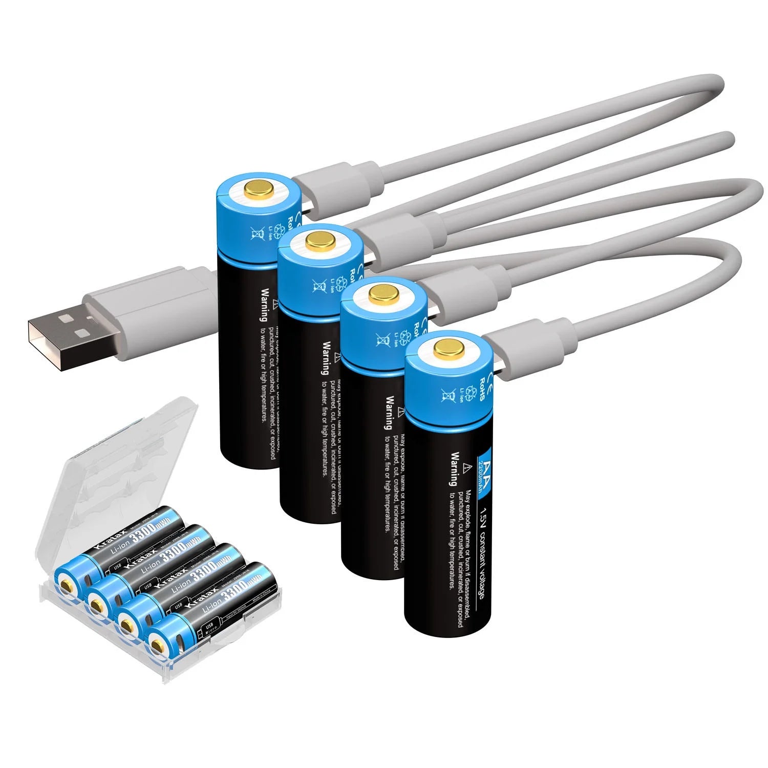 USB Rechargeable AA Batteries, 4Pcs 1.5V 3300Mwh Lithium Batteries AA, 2H Fast Full Charged, 1500 Cycles, 4-In-1 USB to Micro USB Charging Cable